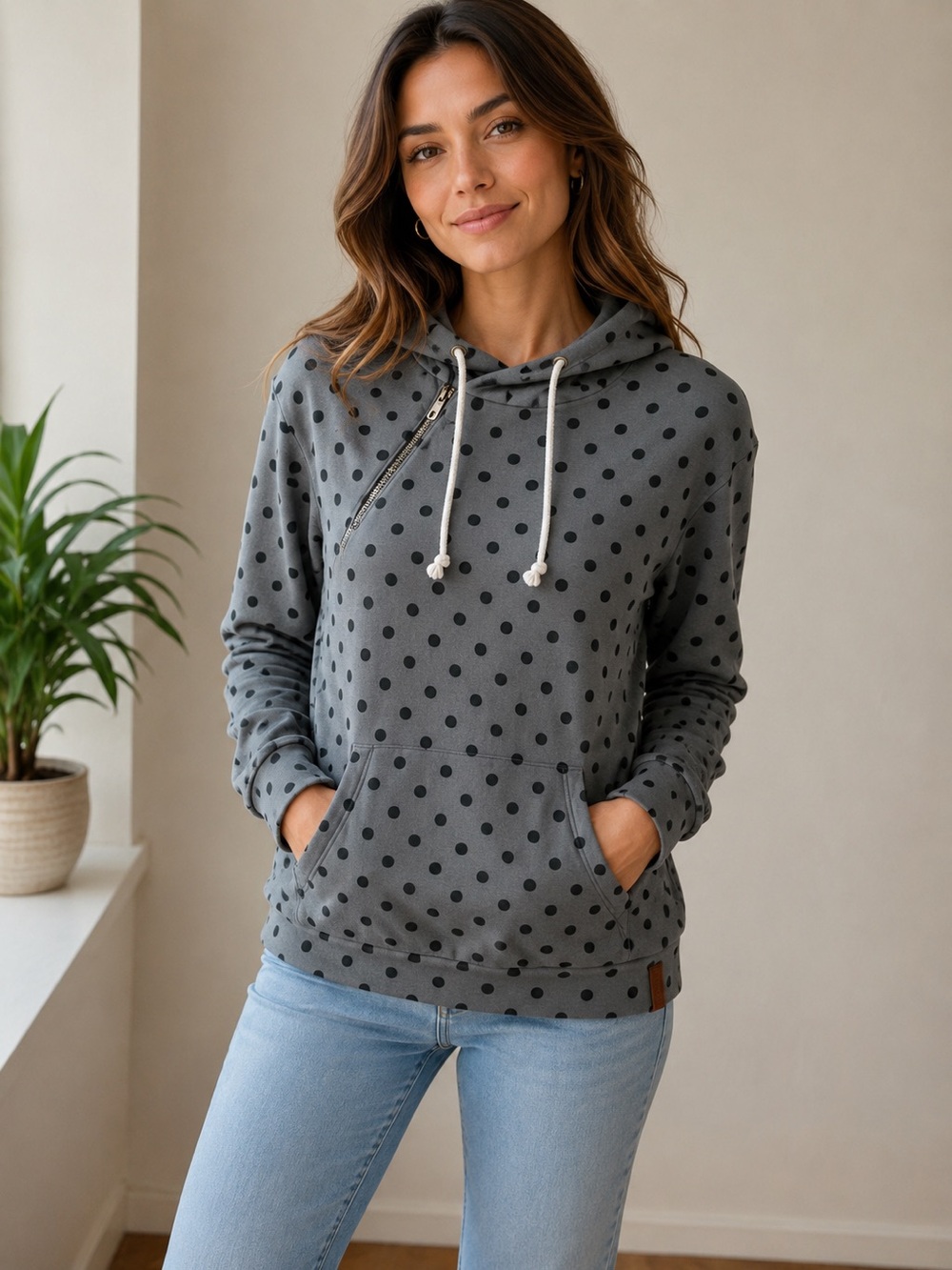 AMPERSAND AVE Gray Polka Dot Hooded Pullover